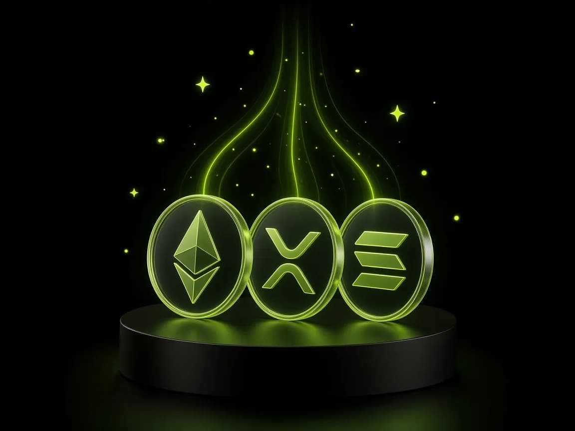 ETH, XRP, SOL 코인 위로 보상이 흘러드는 모습